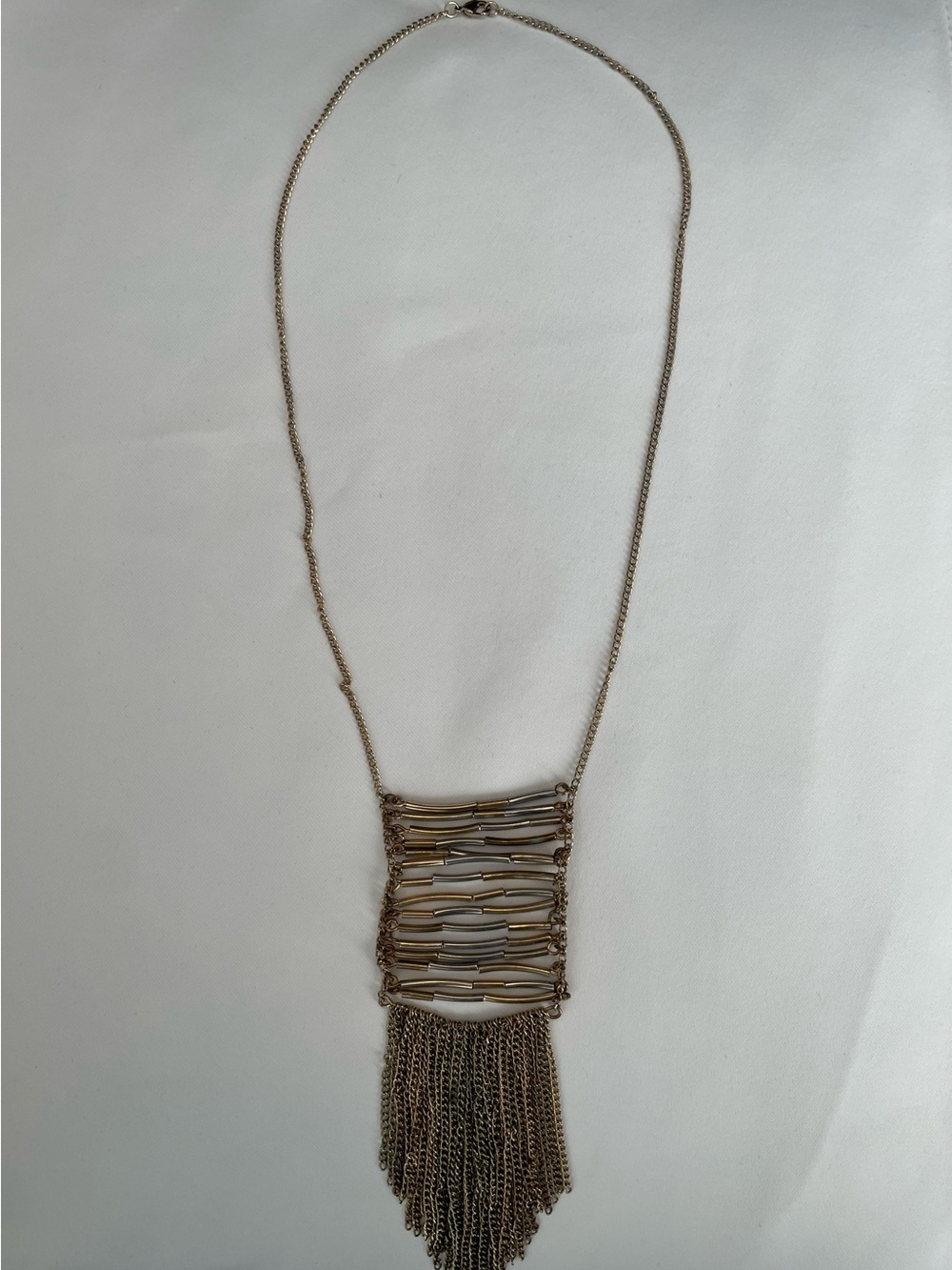 Mixed Metal Tri Tone Tube Bar Bib Statement Necklace Long Chain Fringe Tassel